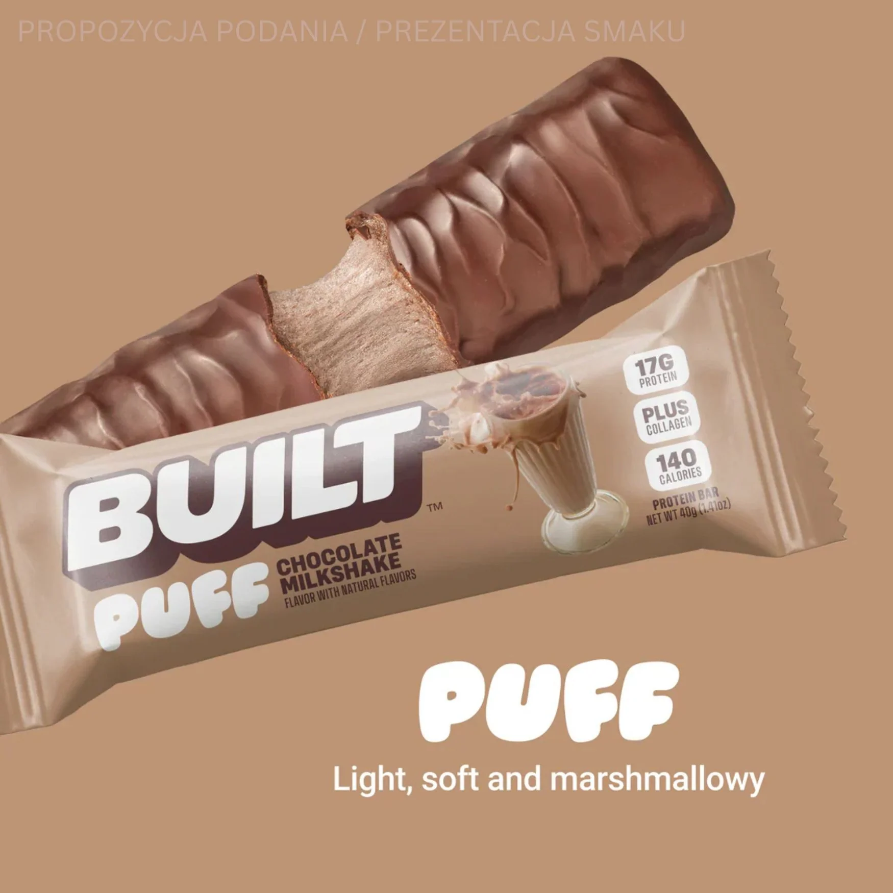 Built Bar Protein Puffs Chocolate Milkshake - proteinowy baton marshmallow w czekoladzie 17g białka & 140kcal - Image 5