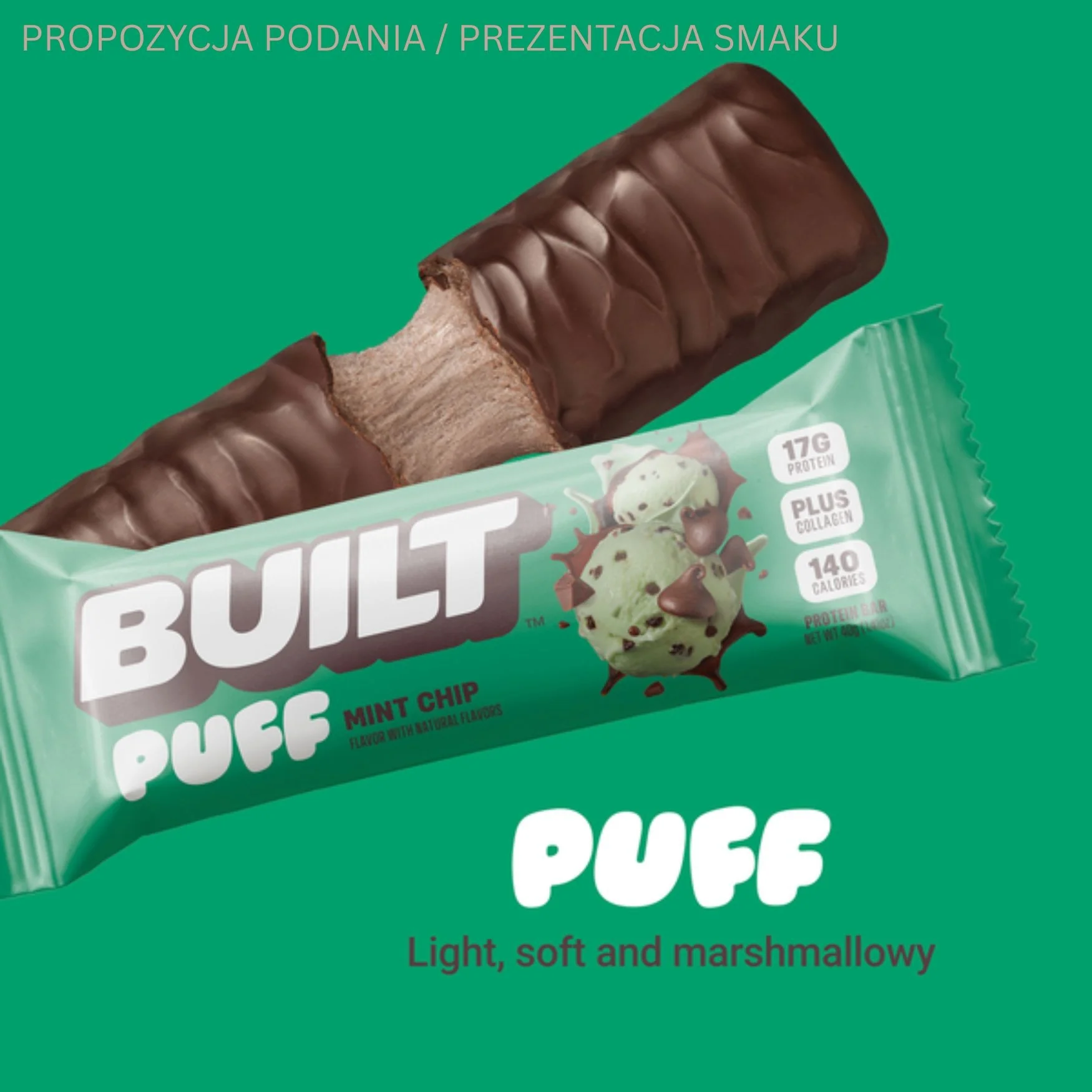 Built Bar Protein Puffs Mint Chip - proteinowy baton marshmallow w czekoladzie 17g białka & 140kcal - Image 5