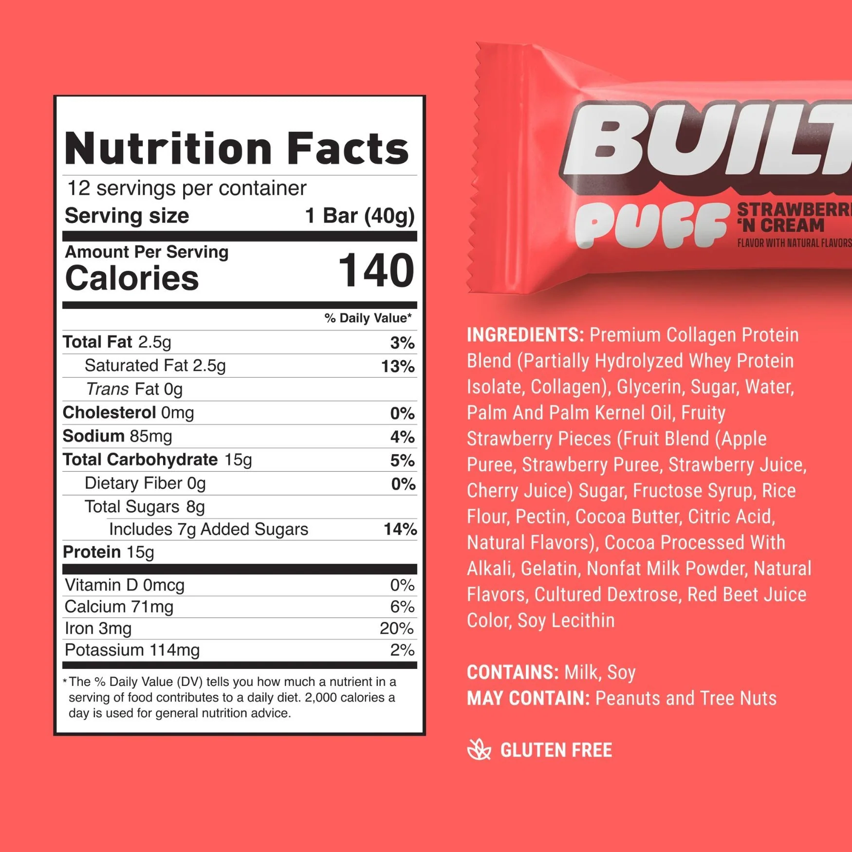 Built Bar Protein Puffs Strawberries 'N Cream - proteinowy baton marshmallow w czekoladzie 17g białka & 140kcal - Image 5