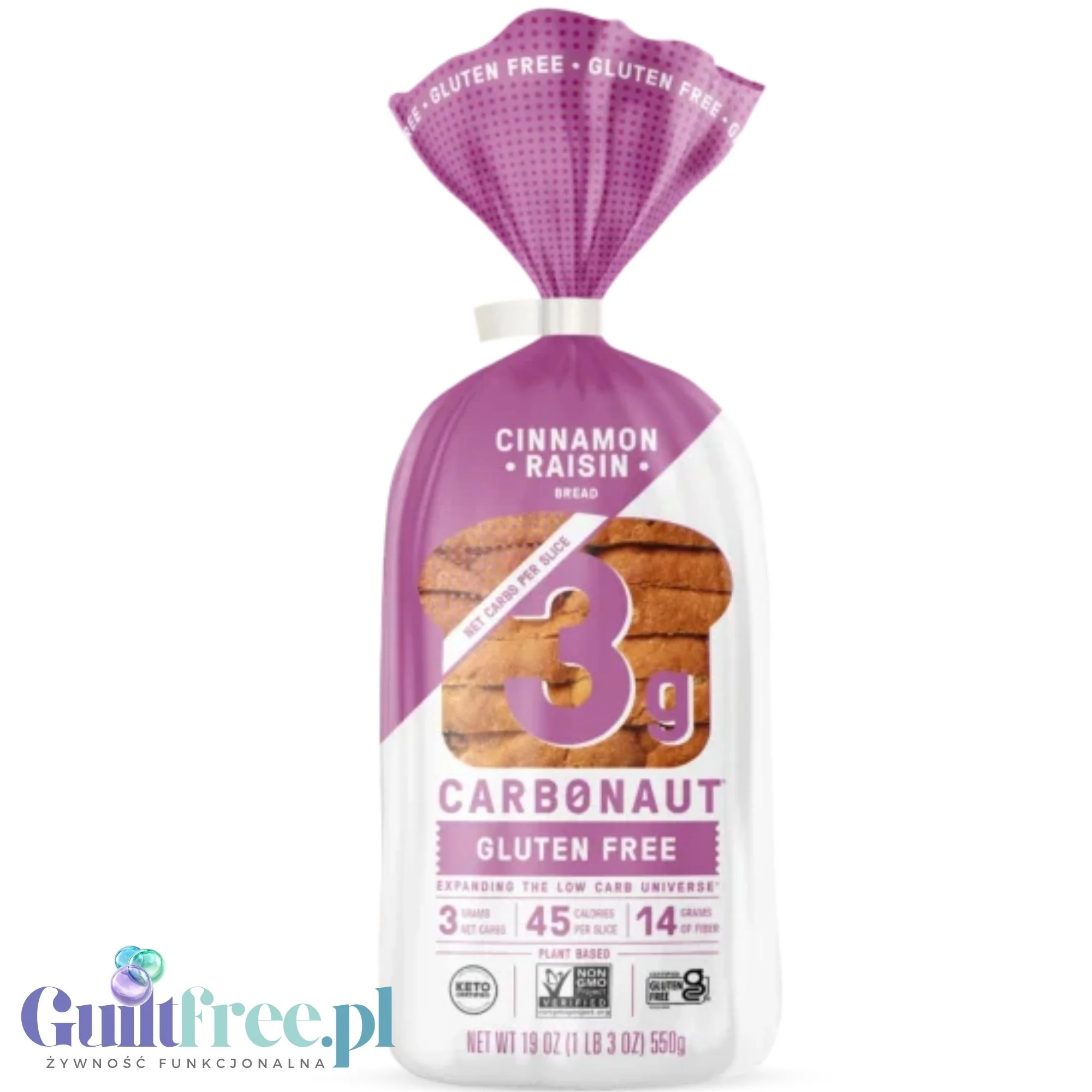 Carbonaut Low Carb Bread Gluten Free Cinnamon Raisin - bezglutenowy KETO biały chleb 3g węglowodanów w kromce