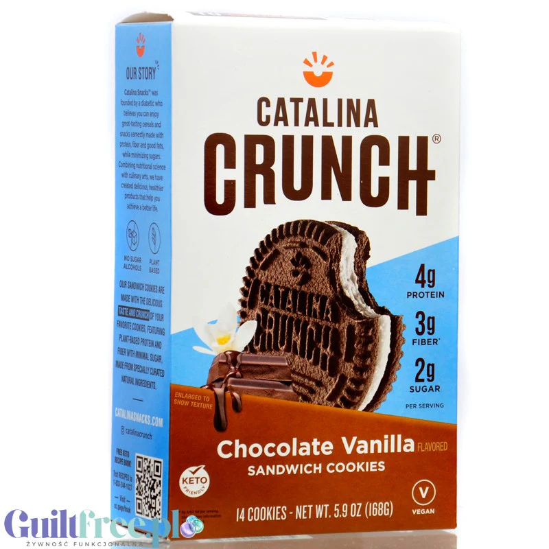 Catalina Crunch Keto Chocolate Vanilla Sandwich Cookies - wegańskie markizy z kremem waniliowym bez cukru