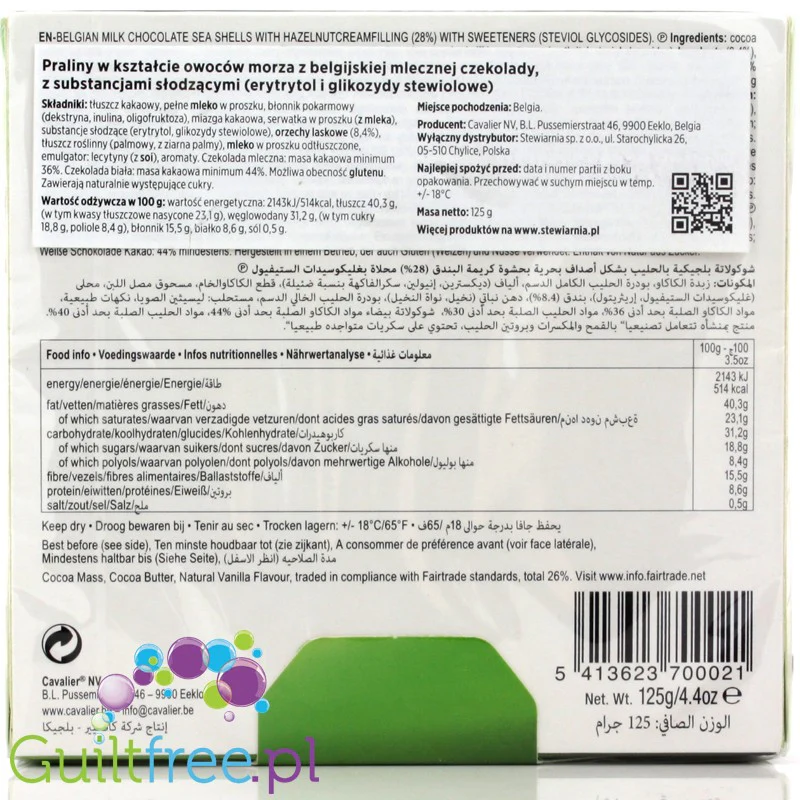 Cavalier Stevia bombonierka czekoladowe pralinki-muszelki bez cukru - Image 3