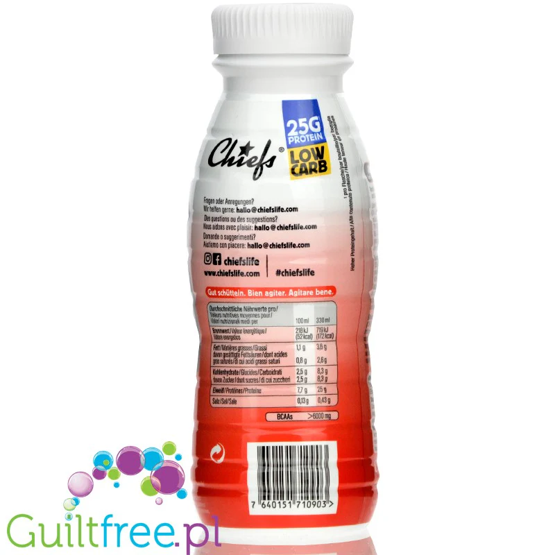 Chiefs Milk Protein Shake Strawberry- truskawkowy shake proteinowy RTD bez laktozy, 25g białka 170kcal - Image 2