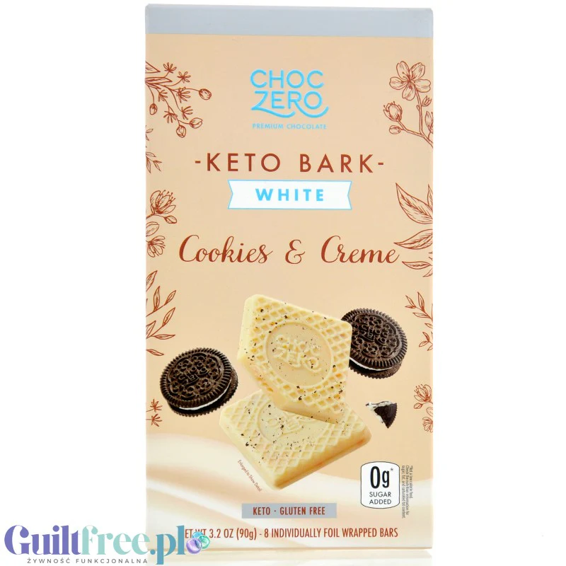 Choc Zero Keto Bark, Cookies & Cream - keto biała czekolada z kawałkami ciasteczek, bez cukru z monk fruit