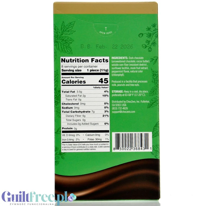 Choc Zero Keto Bark, Dark Chocolate Peppermint - wegańska keto ciemna czekolada z miętą, bez cukru i maltitolu - Image 2