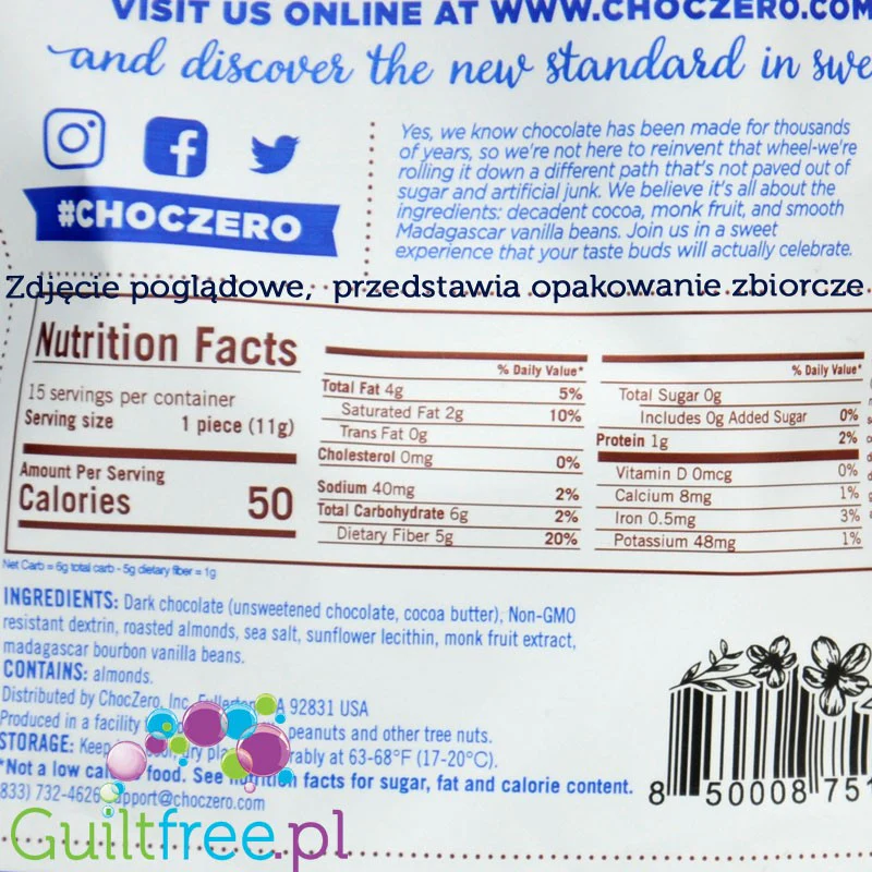 Choc Zero Keto Bark, Dark Chocolate Sea Salt & Almonds - ciemna czekoladka bez cukru z migdałami - Image 2