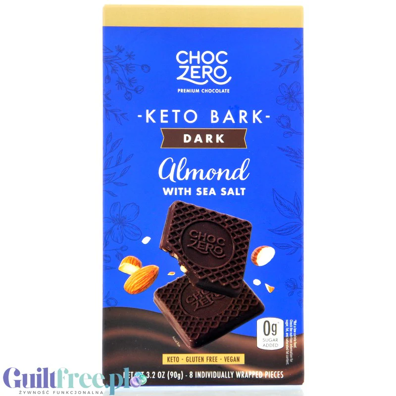 Choc Zero Keto Bark, Dark Chocolate Sea Salt & Almonds - wegańska keto ciemna czekolada bez cukru i maltitolu