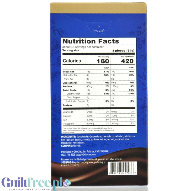 Choc Zero Keto Bark, Dark Chocolate Sea Salt & Almonds - wegańska keto ciemna czekolada bez cukru i maltitolu - Image 2