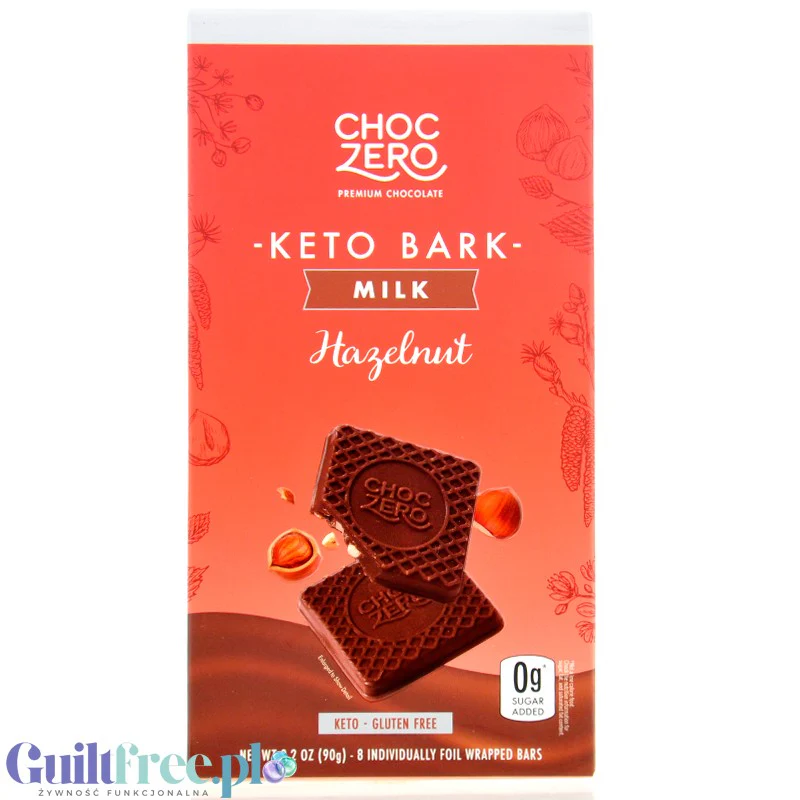 Choc Zero Keto Bark, Milk Chocolate & Hazelnuts - keto mleczna czekolada bez cukru i maltitolu z orzechami laskowymi