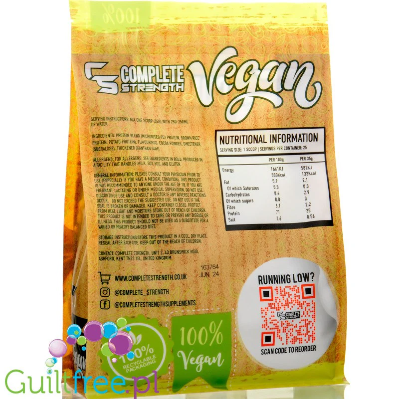 Complete Strength Vegan Protein Chocolate Hazelnut 900g - wegańska odżywka na białku grochu, ryżu i ziemniaka - Image 2