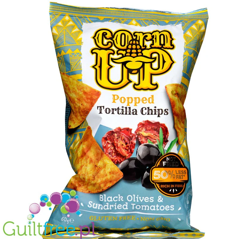 CornUp Popped Tortilla Chips Black Olives & Sundried Tomatoes - chipsy 50% mniej tłuszczu, Czarne oliwki & Suszone pomidory