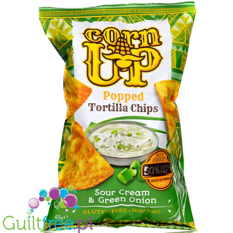 CornUp Popped Tortilla Chips Sour Cream & Green Onion - chipsy kukurydziane 50% mniej tłuszczu, Śmietanka & Zielona Cebulka