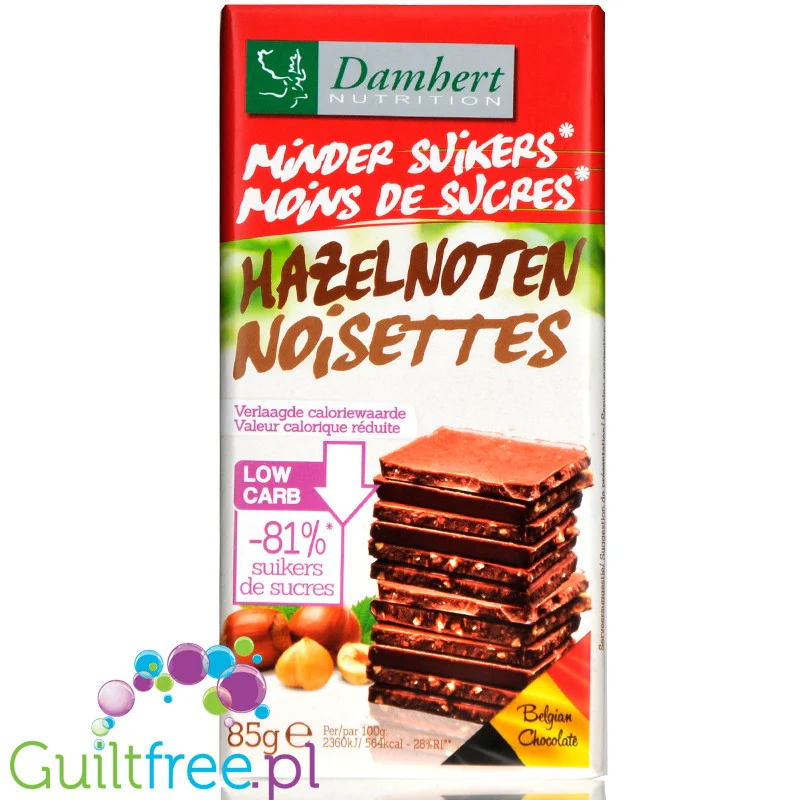 Damhert Noisettes - mleczna czekolada bez dodatku cukru  z orzechami laskowymi