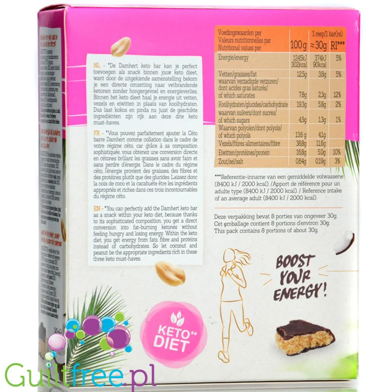 Damhert Regime Keto Bar Peanut Coco 8 x 90kcal - keto batoniki orzechowo-kokosowe w czekoladzie - Image 2