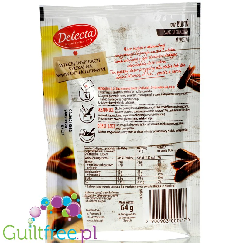 Delecta budyń czekoladowy bez cukru, duże opakowanie na 0,75L mleka - Image 3