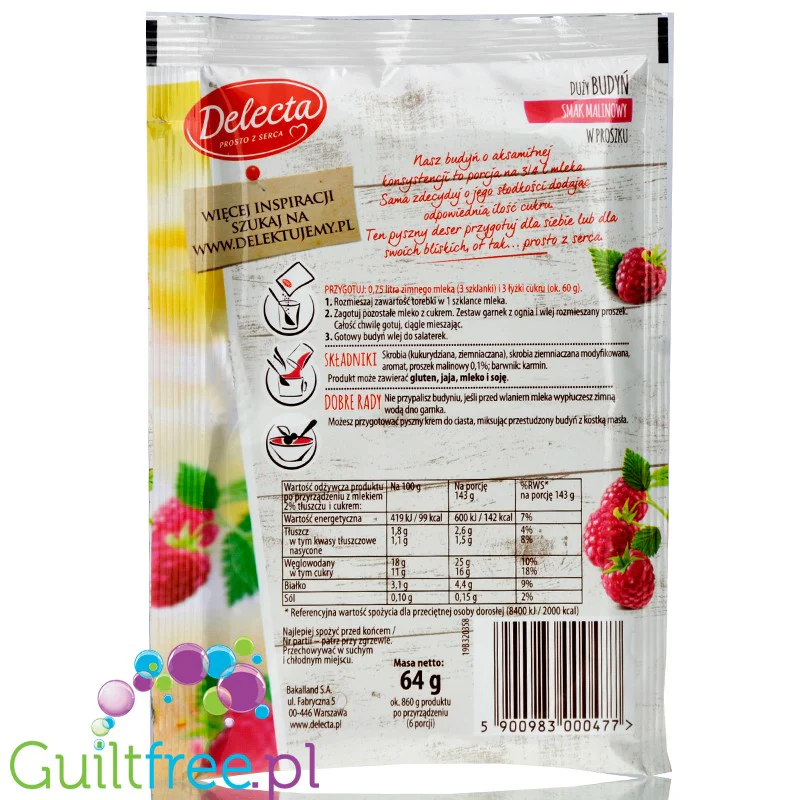 Delecta budyń malinowy bez cukru, duże opakowanie na 0,75L mleka - Image 2