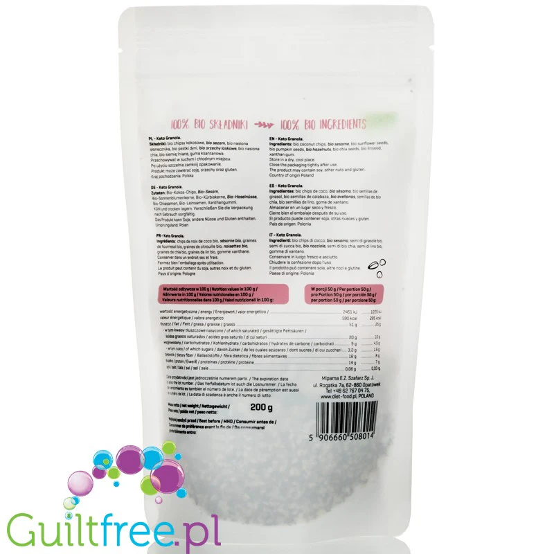 Diet Food Bio Keto Granola Original - ketogeniczna granola śniadaniowa z orzechami, kokosem i sezamem - Image 2