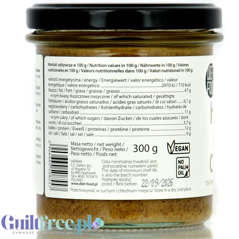 Diet Food Bio Hazelnut 300g - masło z orzechów laskowych 100%, bez soli i cukru - Image 4
