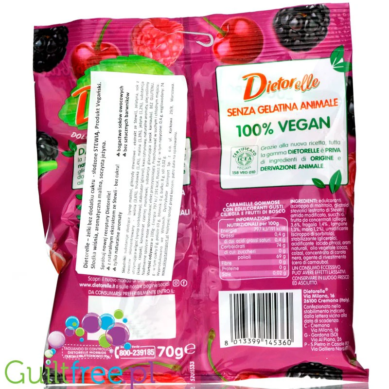 Dietorelle Stevia Mirtillo & Mora - wegańskie żelki bez cukru, ze stewią, Jeżyna, Malina & Wiśnia - Image 3