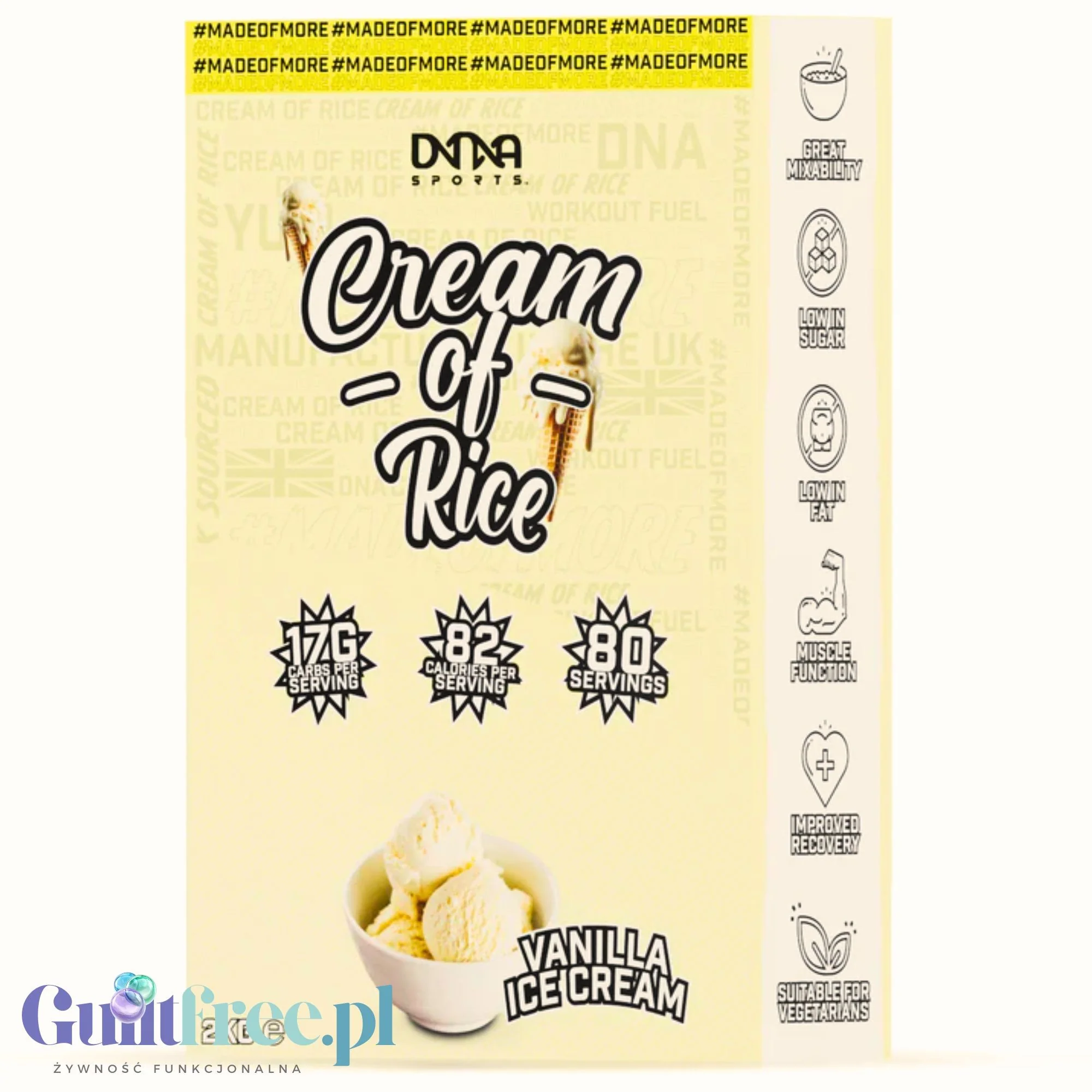 DNA Sports Cream of Rice, Vanilla Ice Cream 2kg - kleik ryżowy bez cukru, smak Lody Waniliowe