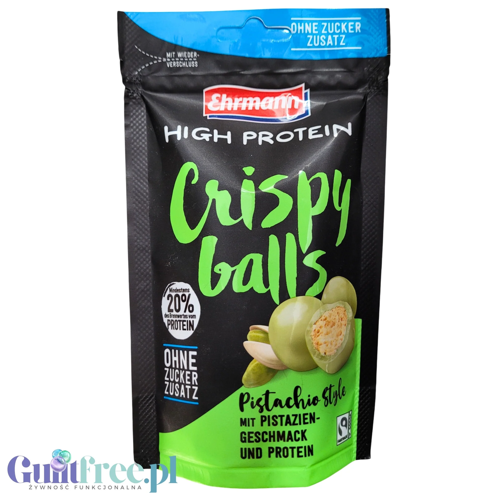 Ehrmann High Protein Crispy Balls Pistachio - chrupkie kuleczki proteinowe bez cukru o smaku pistacjowym
