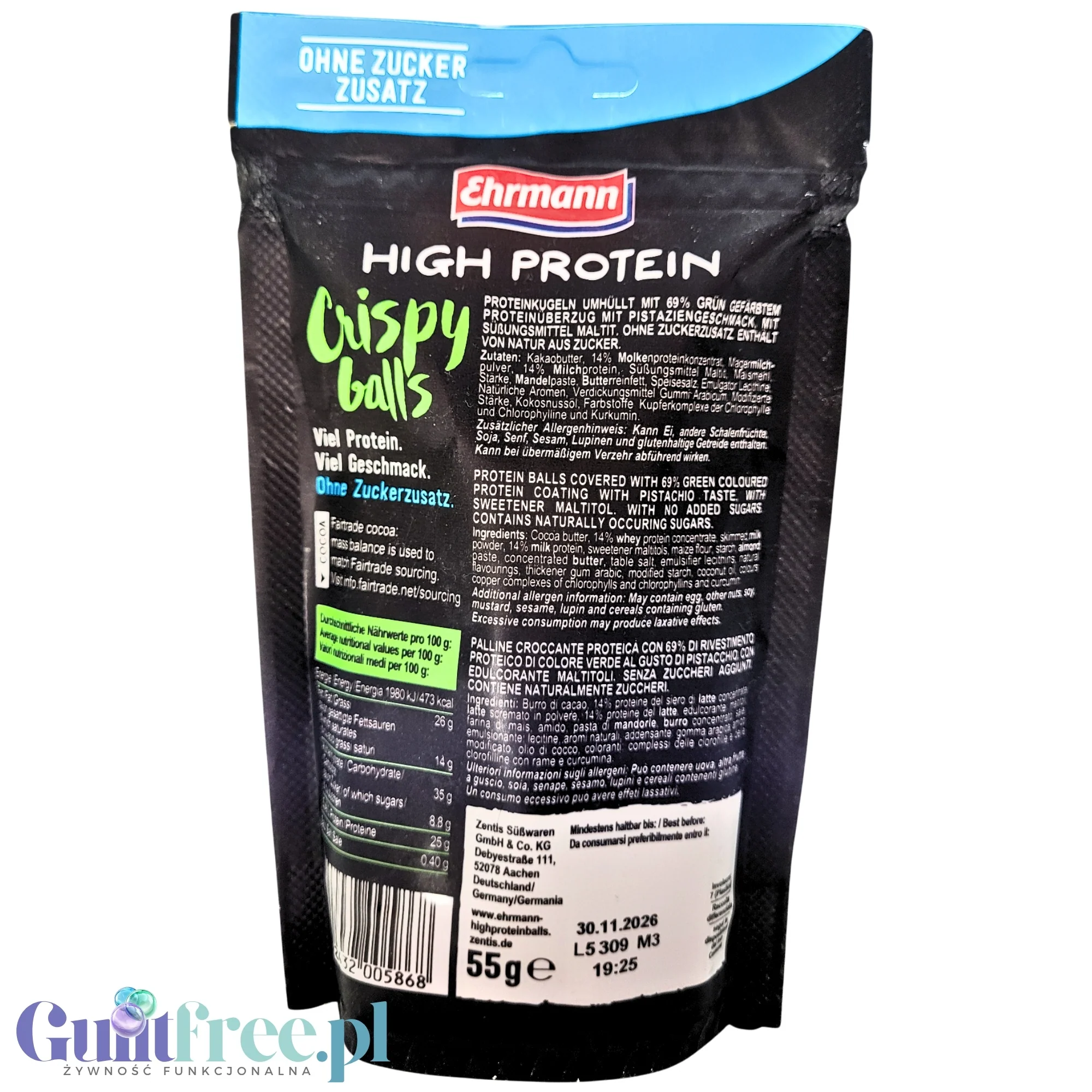 Ehrmann High Protein Crispy Balls Pistachio - chrupkie kuleczki proteinowe bez cukru o smaku pistacjowym - Image 2