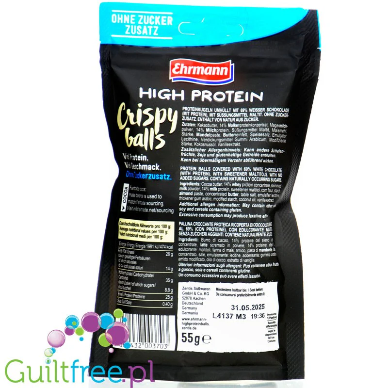 Ehrmann Protein Crispy Weisser Schokolade Balls - chrupkie kuleczki w polewie białkowej z białej czekolady - Image 2