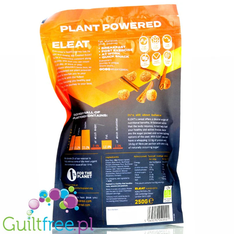 Eleat Cereal Reinvented Cinnamon Sensation 250g - wegańskie proteinowe płatki śniadaniowe 25g białka & 20g błonnika - Image 2