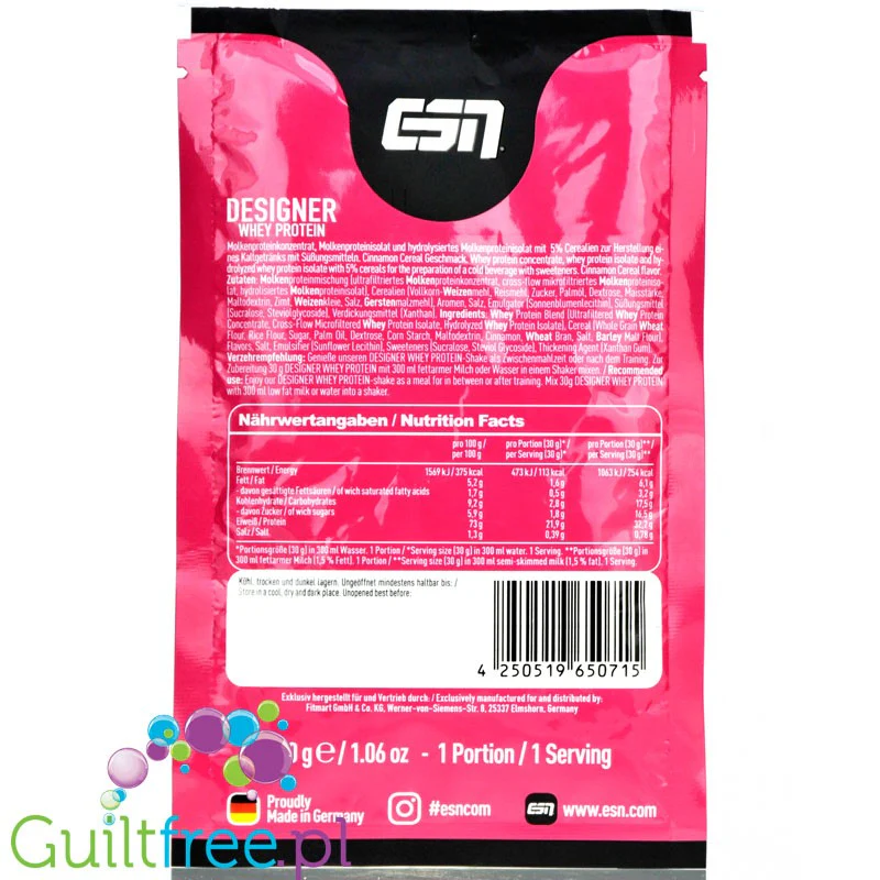 ESN Designer Whey Cinnamon Cereal - WPI, WPH i WPC, odżywka białkowa z cynamonowymi płatkami, saszetka 30g - Image 2