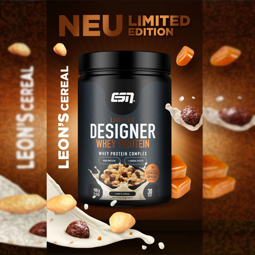 ESN Designer Whey Leon's Cereal 0,9KG - WPI, WPH i WPC, odżywka białkowa o smaku czekoladowo-karmelowych płatków śniadaniowych - Image 4