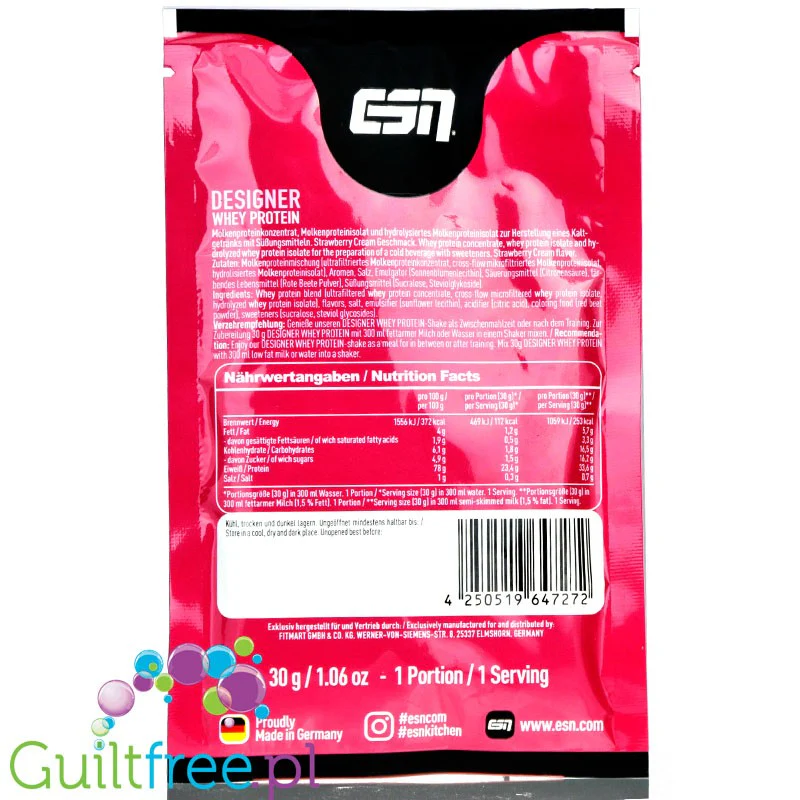 ESN Designer Whey Strawberry Cream - WPI, WPH i WPC, odżywka białkowa, saszetka 30g, Truskawki w Śmietanie - Image 2