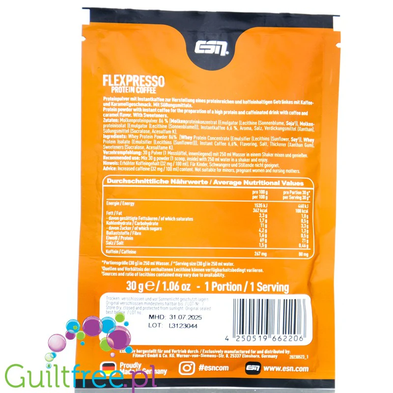 ESN Flexpresso Protein Coffee Caramel 30g - mrożona kawa proteinowa 266mg kofeiny,21g białka & 108kcal - Image 2