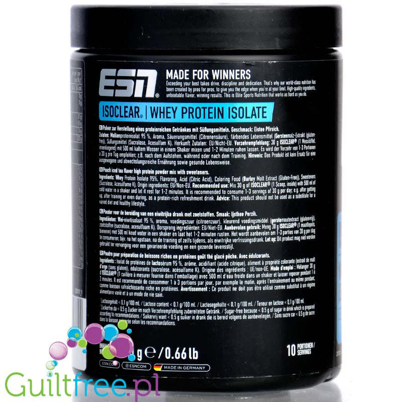 ESN Isoclear® Whey Isolate, Peach Iced Tea 300g - odżywka bez laktozy, cukru & tłuszczu, 23.7g białka & 102kcal - Image 3