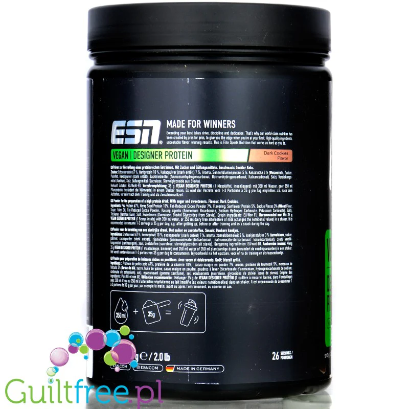 ESN Vegan Designer Protein, Dark Cookie 0,9 kg - wegańska odżywka białkowa bez soi i glutenu, smak Ciasteczko & Ciemna Czekolada - Image 3