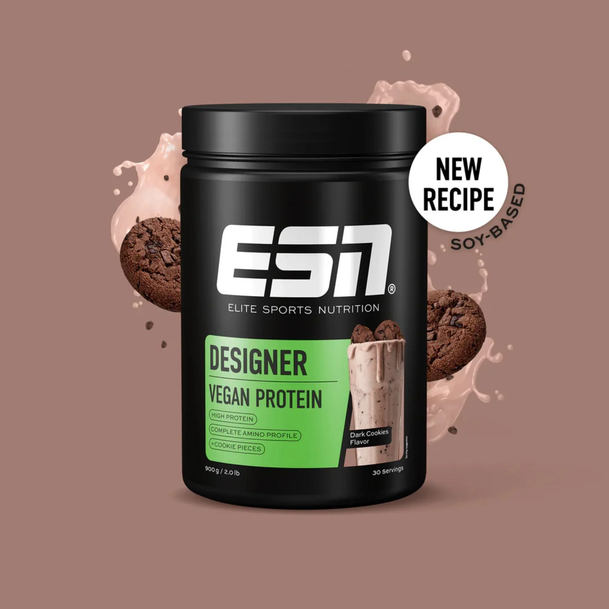 ESN Vegan Designer Protein, Dark Cookie 0,9 kg - wegańska odżywka białkowa bez soi i glutenu, smak Ciasteczko & Ciemna Czekolada - Image 5