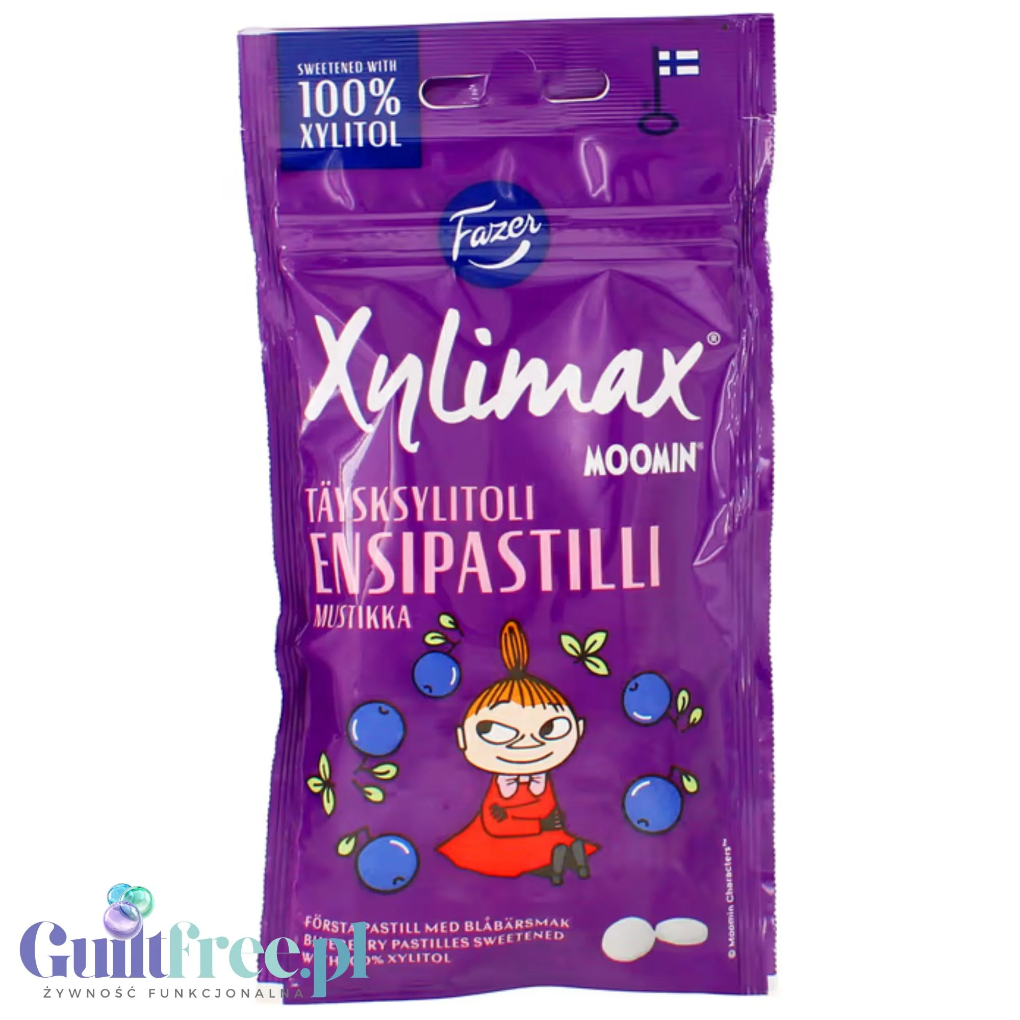 Fazer Xylimax Moomin Pastille Blueberry - pastylki pudrowe bez cukru z 95% ksylitolem