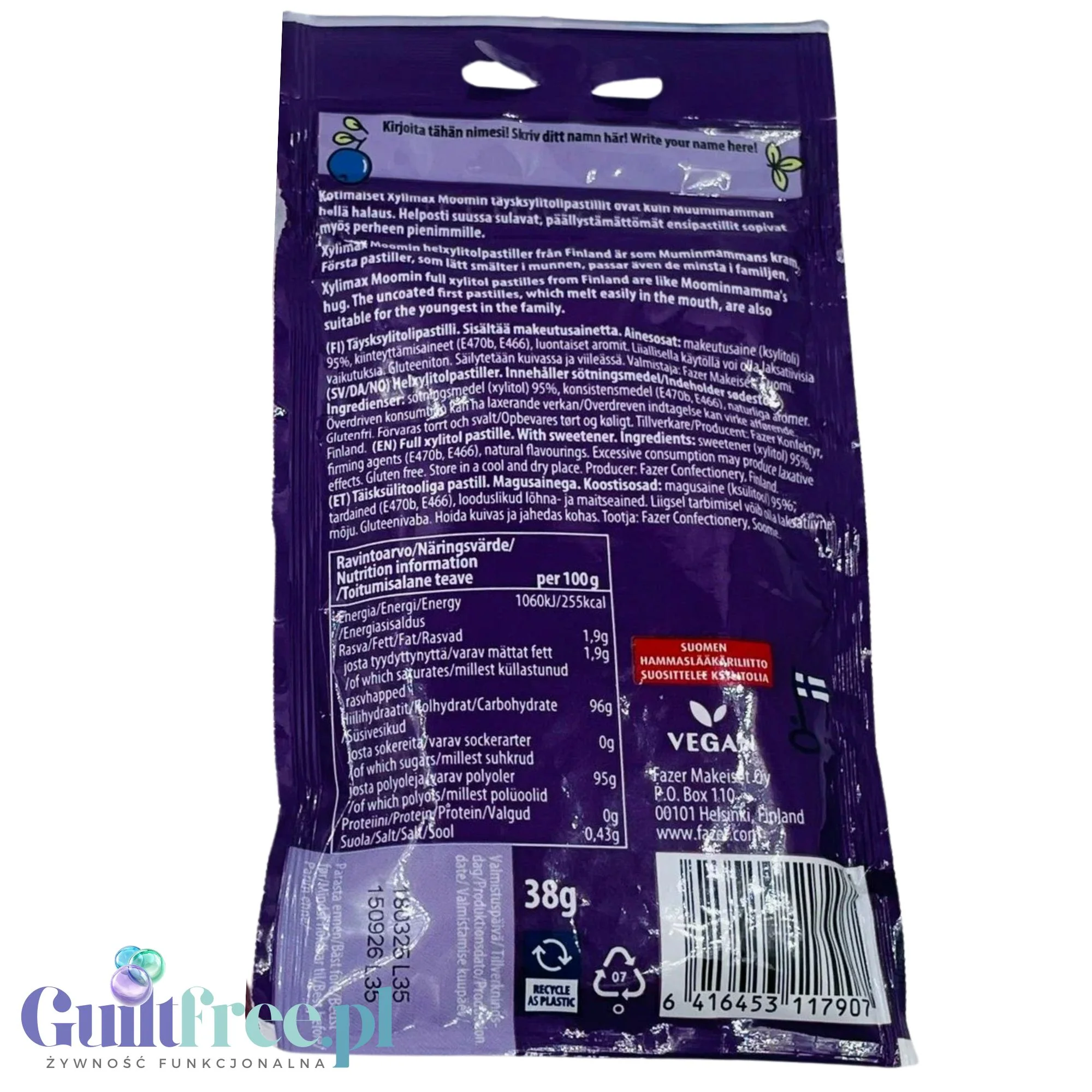 Fazer Xylimax Moomin Pastille Blueberry - pastylki pudrowe bez cukru z 95% ksylitolem - Image 2