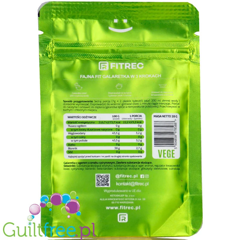 FitRec Fajna Galaretka Vege Cytryna 28g, wegańska galaretka bez cukru, 5kcal w porcji - Image 4