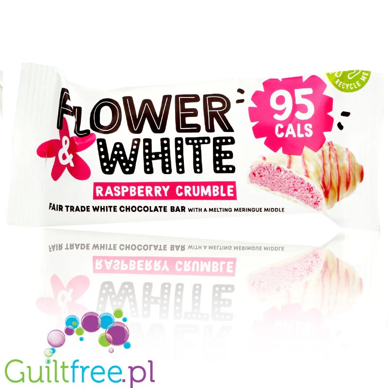 Flower & White Meringue Bar Raspberry Crumble 95kcal - malinowy baton bezowy w białej czekoladzie