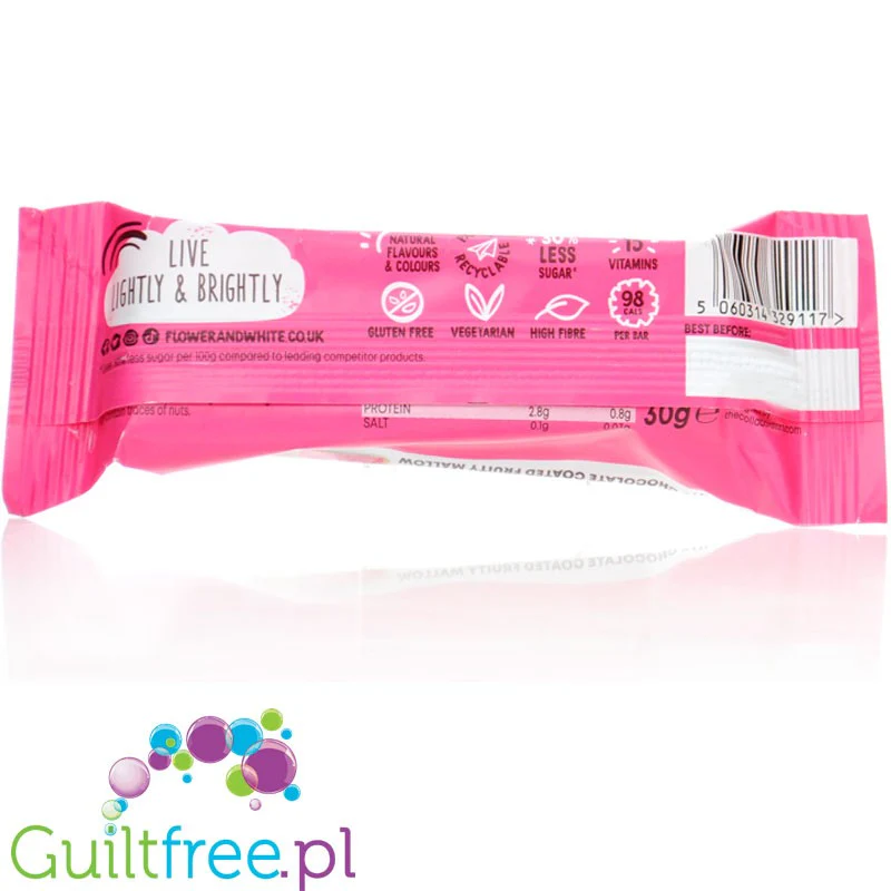 Flower & White Raspberry Fruity Mallow 98kcal - baton piankowy malinowy w czekoladzie bez żelatyny - Image 2
