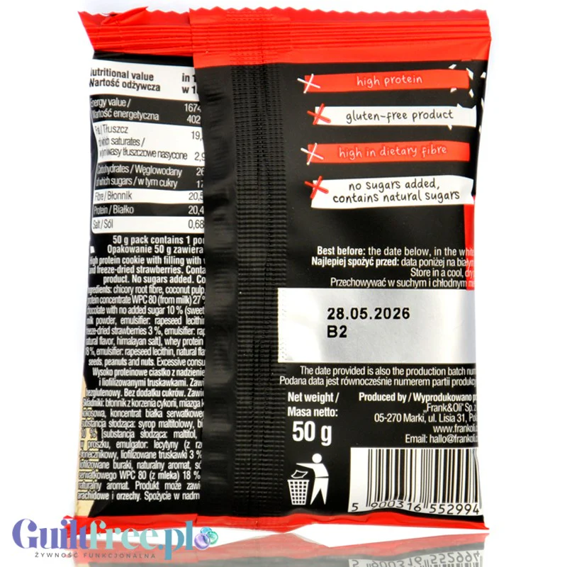 Frank & Oli Active High Protein Cookie, Truskawki z białą czekoladą  - Ciastko wysokoproteinowe bez cukru - Image 2