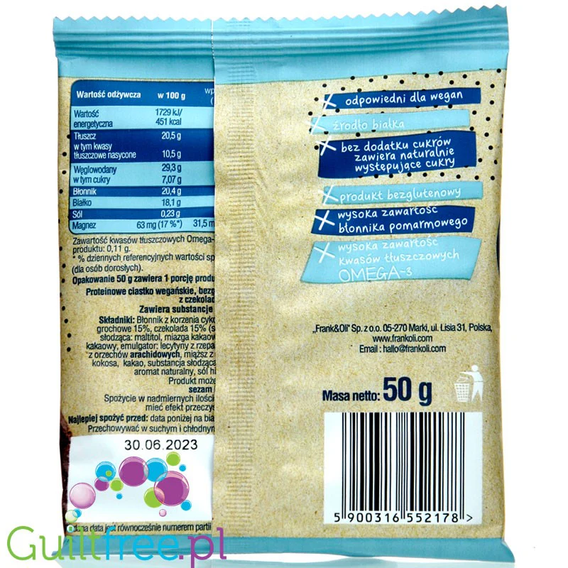 Frank & Oli Protein Soft Cookie Chocolate & Cocoa - miękkie bezglutenowe wegańskie ciastko proteinowe bez dodatku cukru - Image 2