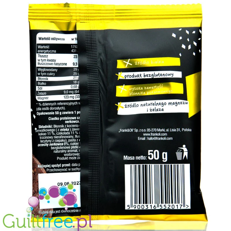 Frank & Oli Protein Brownie Czekolada & Orzechy Nerkowca - bezglutenowe ciastko proteinowe bez słodzików - Image 2