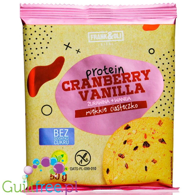 Frank & Oli Protein Cookie Cranberry & Vanilla - miękkie bezglutenowe wegańskie ciastko bez dodatku cukru