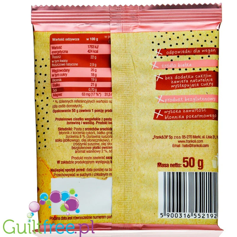 Frank & Oli Protein Cookie Cranberry & Vanilla - miękkie bezglutenowe wegańskie ciastko bez dodatku cukru - Image 2