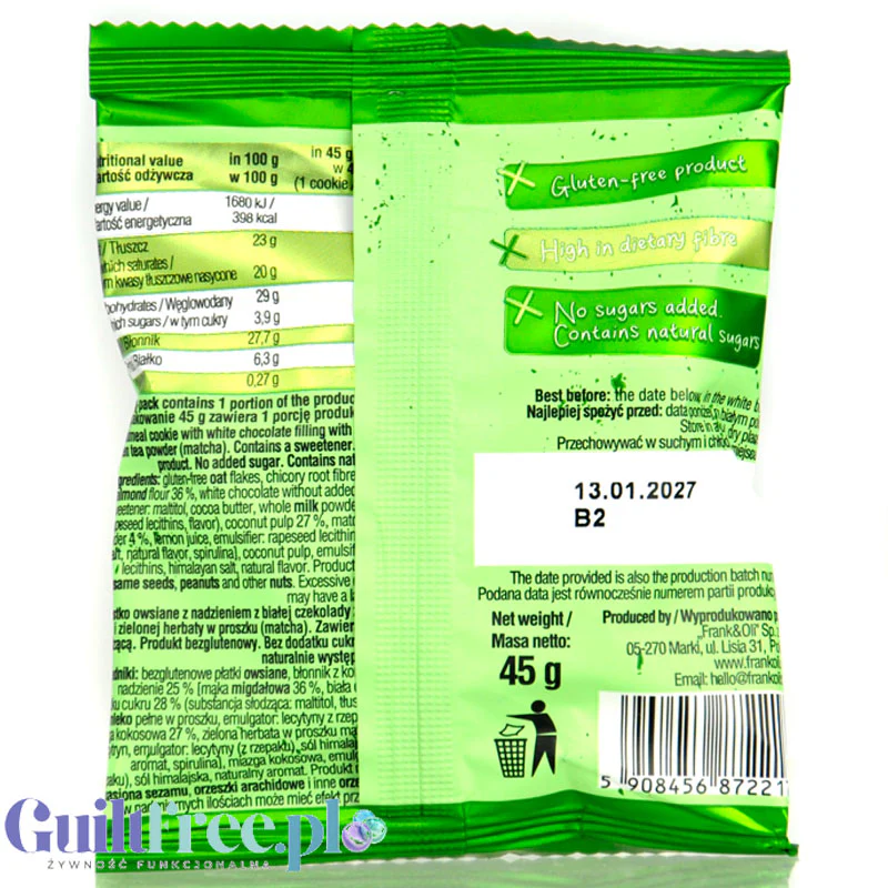 Frank & Oli Vital Matcha Cookie White Chocolate - bezglutenowe ciastko owsiane bez cukru z zieloną herbatą i białą czekoladą - Image 2