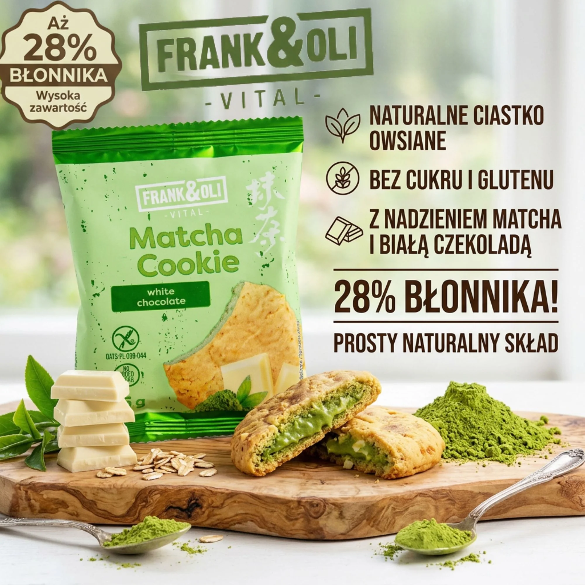Frank & Oli Vital Matcha Cookie White Chocolate - bezglutenowe ciastko owsiane bez cukru z zieloną herbatą i białą czekoladą - Image 3