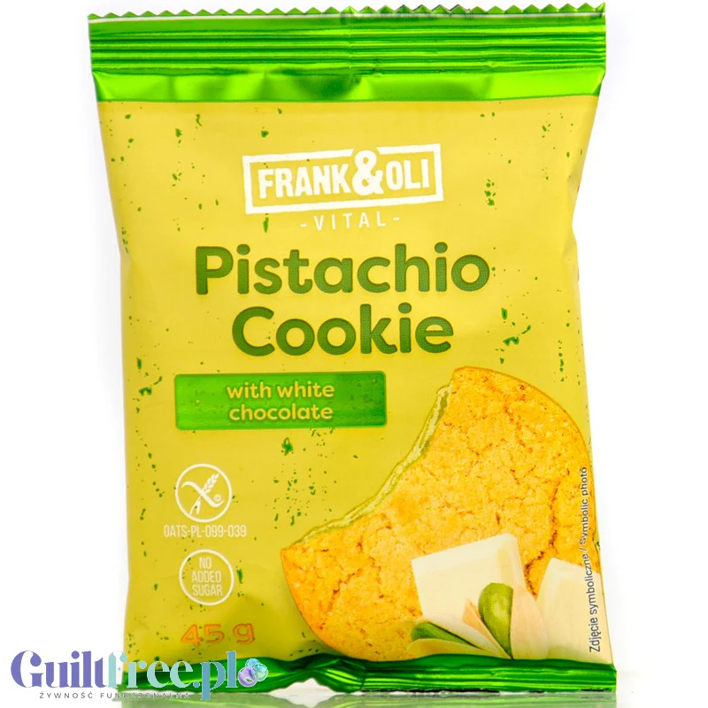 Frank & Oli Vital Pistachio Cookie - pistacjowe bezglutenowe ciastko owsiane bez dodatku cukru z białą czekoladą