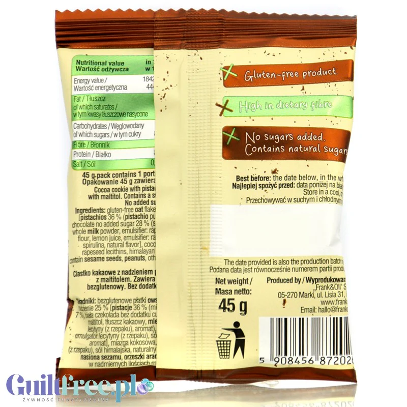 Frank & Oli Vital Pistachio Cookie with Cocoa - kakaowe ciastko owsiane bez dodatku cukru z pistacjami i białą czekoladą - Image 2