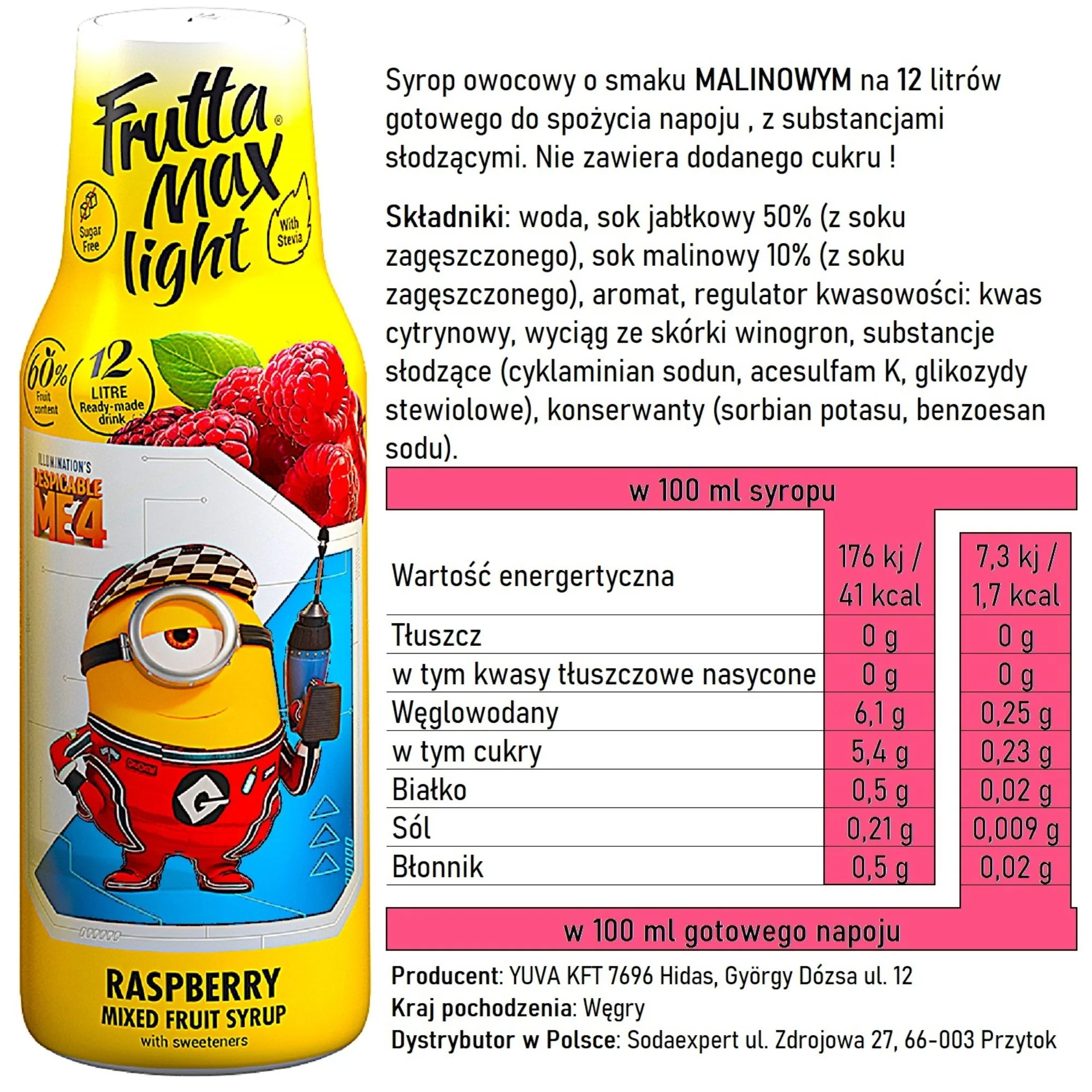 FruttaMax Light Fruit Syrup Raspberry 500ml / 12L - syrop owocowy do Sodastream obniżona zawartość cukru - Image 3